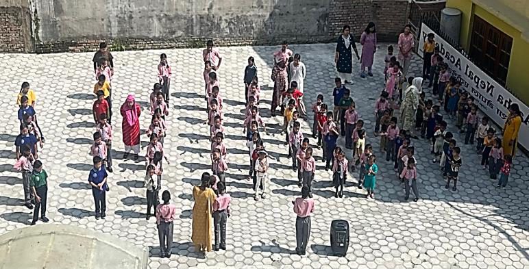 Students of Aasha Nepal Academy lined up for morning assembly